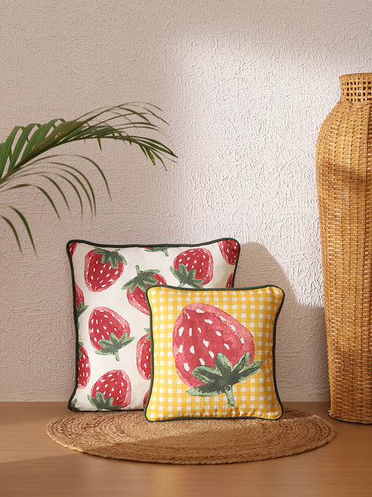 Westside Home Yellow Checked Berry Printed Cushion Cover