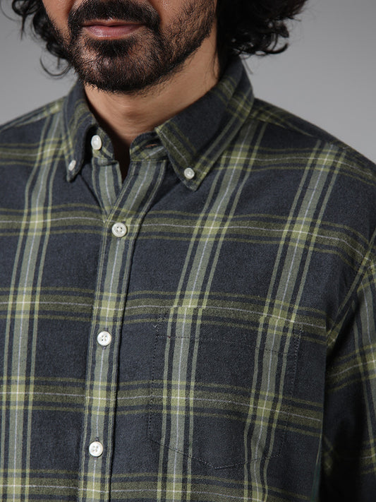WES Casuals Green Checked Cotton Relaxed-Fit Shirt