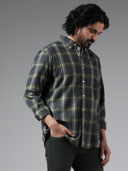 WES Casuals Green Checked Cotton Relaxed Fit Shirt