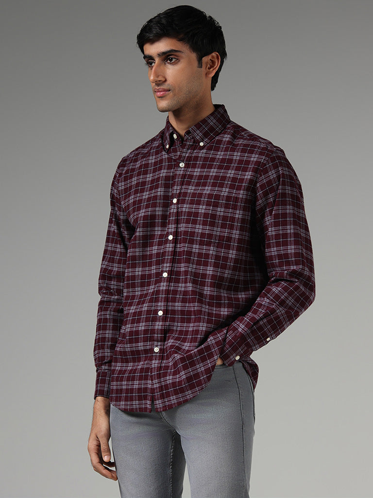 WES Casuals Wine Checked Relaxed Fit Shirt