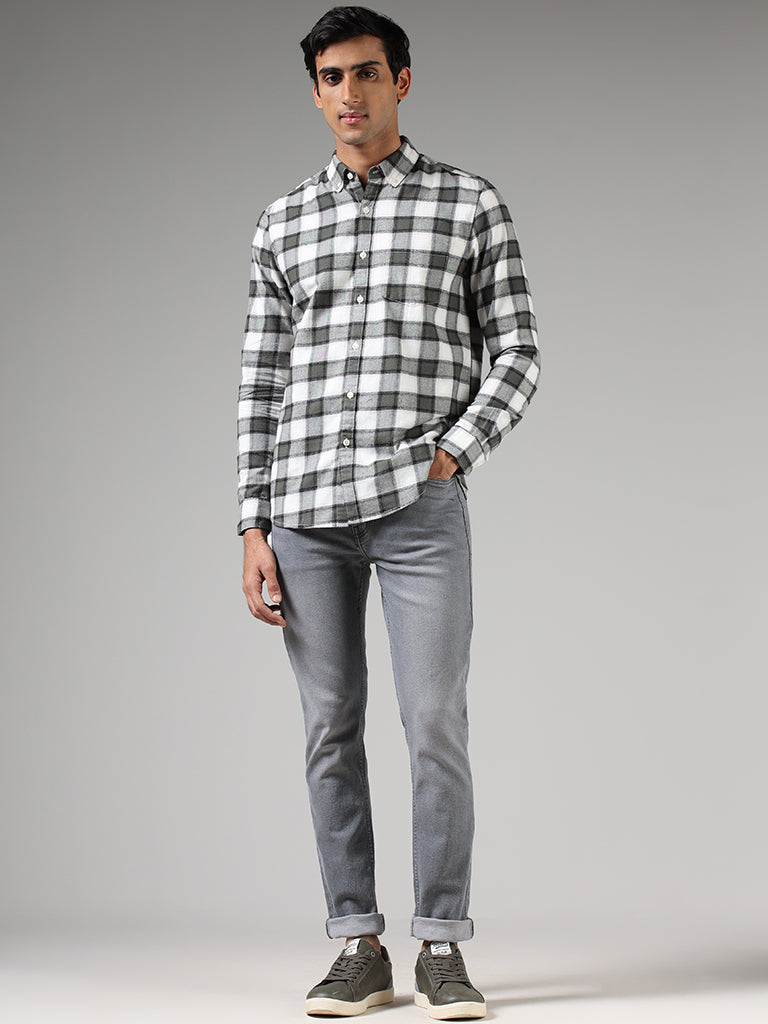 WES Casuals Olive Green Gingham Checked Slim Fit Shirt
