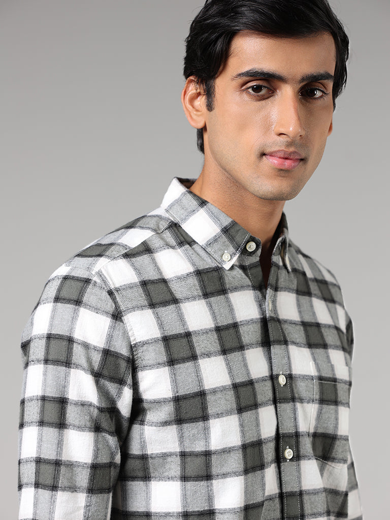 WES Casuals Olive Green Gingham Checked Cotton Slim Fit Shirt