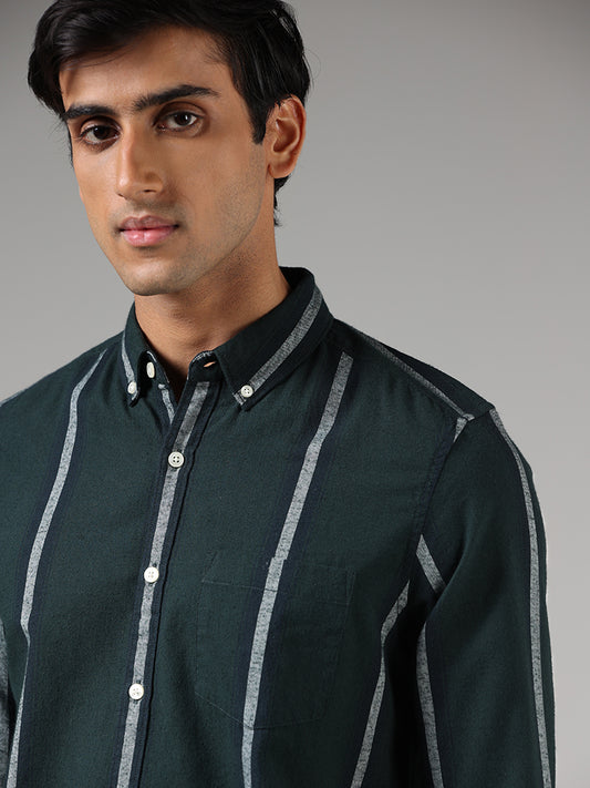 WES Casuals Emerald Green Striped Slim-Fit Shirt