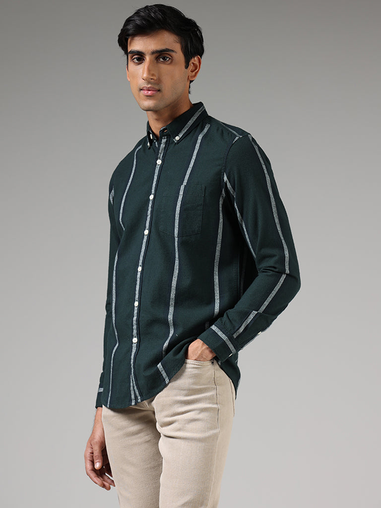 WES Casuals Emerald Green Striped Slim Fit Shirt