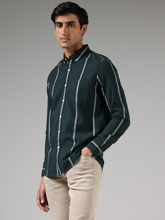 WES Casuals Emerald Green Striped Slim-Fit Shirt