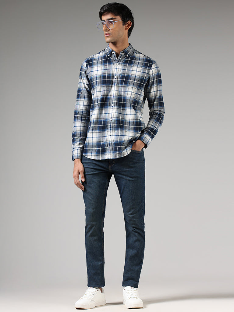 WES Casuals Navy Blue Lindsay Checked Cotton Slim Fit Shirt