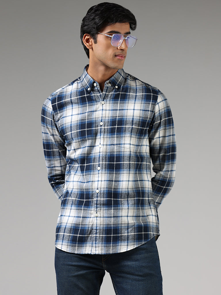 WES Casuals Navy Blue Lindsay Checked Slim Fit Shirt