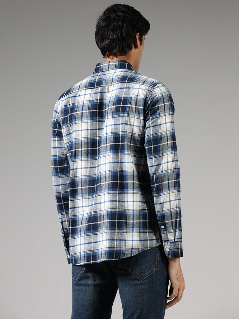WES Casuals Navy Blue Lindsay Checked Cotton Slim Fit Shirt