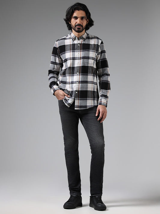 WES Casuals Grey Checked Cotton Slim-Fit Shirt