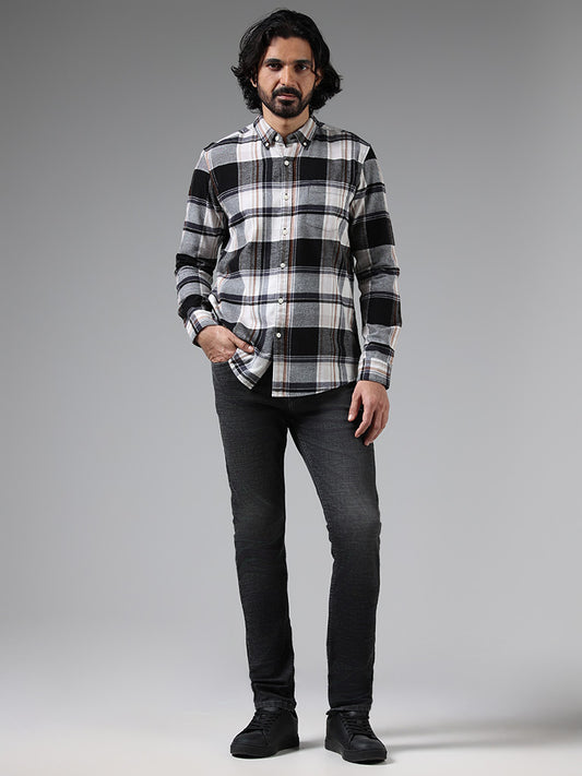 WES Casuals Grey Checked Cotton Slim Fit Shirt