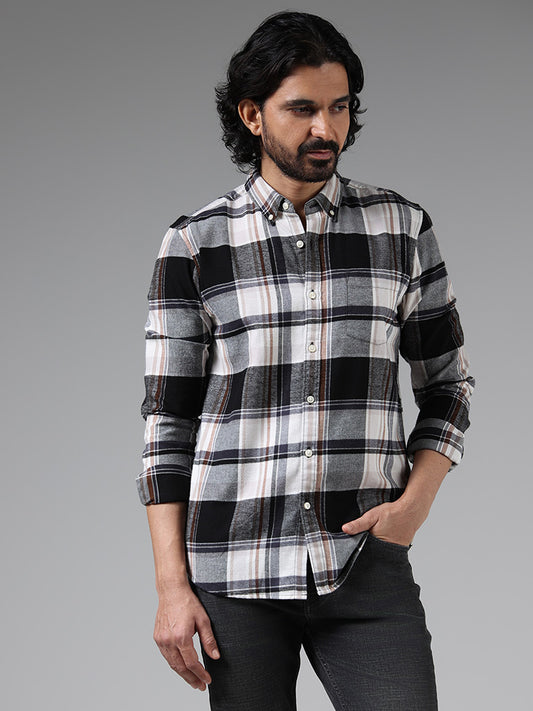 WES Casuals Grey Checked Cotton Slim-Fit Shirt