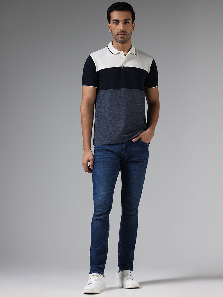 WES Casuals Navy Colorblock Slim Fit Polo T-Shirt