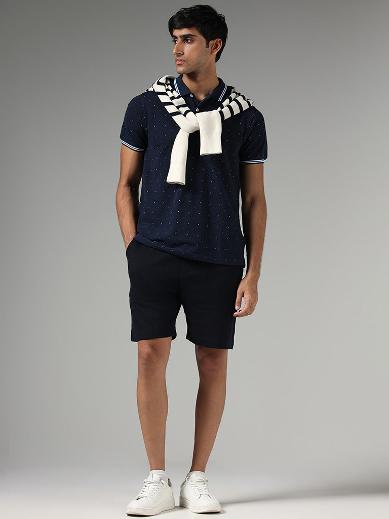 WES Casuals Navy Printed Slim Fit Polo T-Shirt