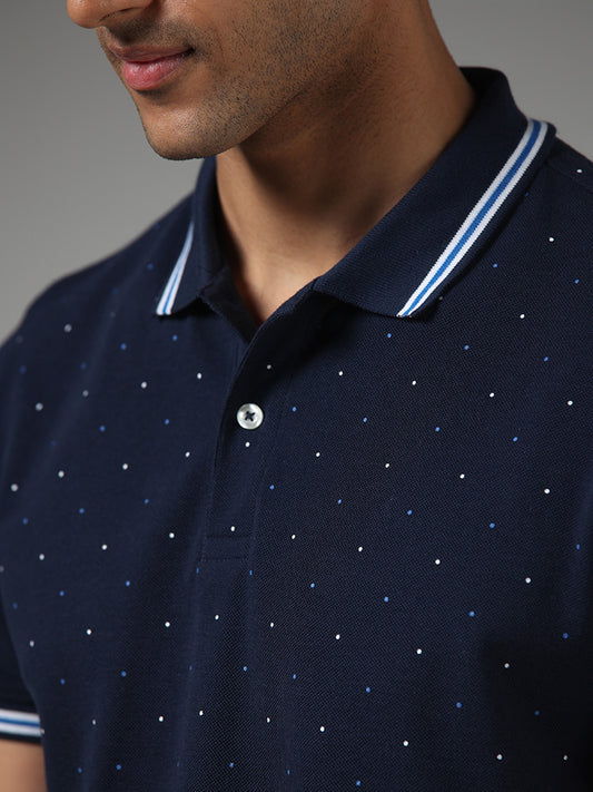 WES Casuals Navy Printed Slim-Fit Polo T-Shirt