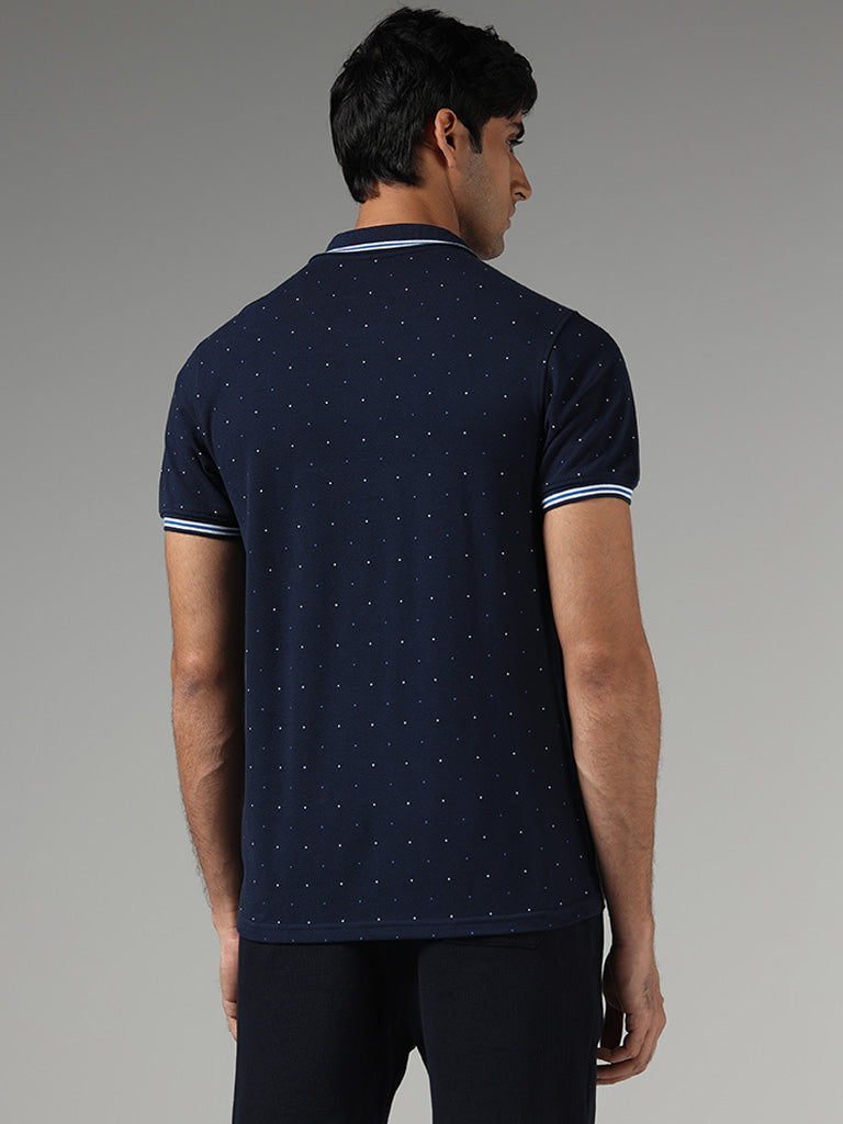 WES Casuals Navy Printed Slim Fit Polo T-Shirt