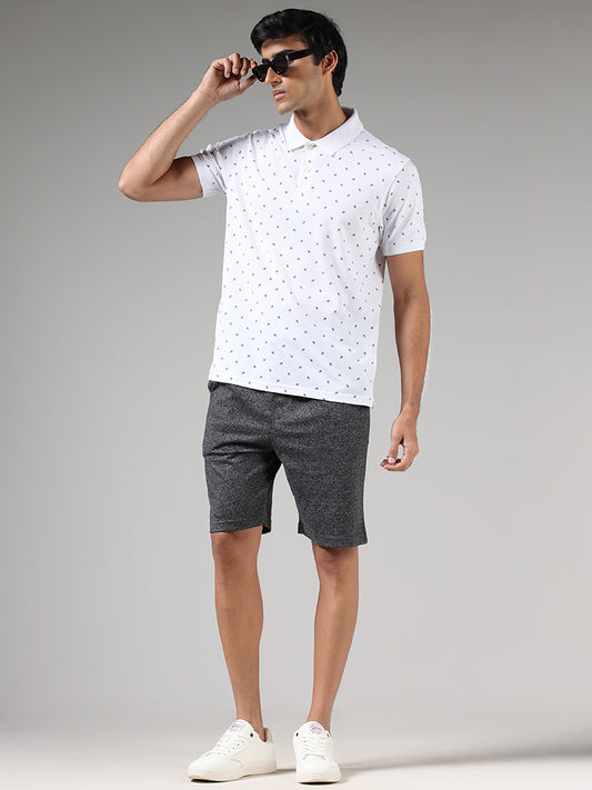 WES Casuals White Leaf Printed Slim-Fit Polo T-Shirt