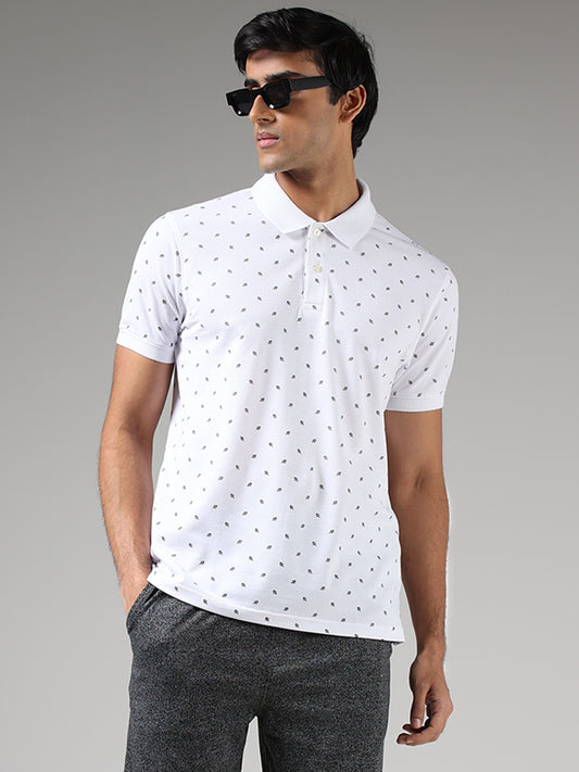 WES Casuals White Leaf Printed Slim Fit Polo T-Shirt