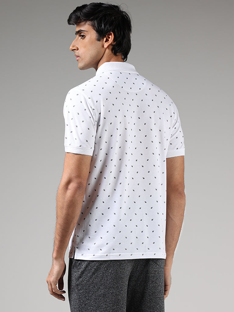 WES Casuals White Leaf Printed Slim Fit Polo T-Shirt