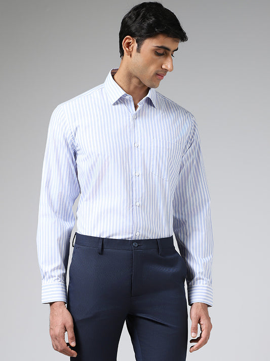 WES Formals Light Blue Candy Striped Slim Fit Shirt