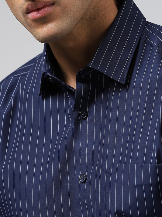 WES Formals Navy Pinstripe Slim Fit Shirt