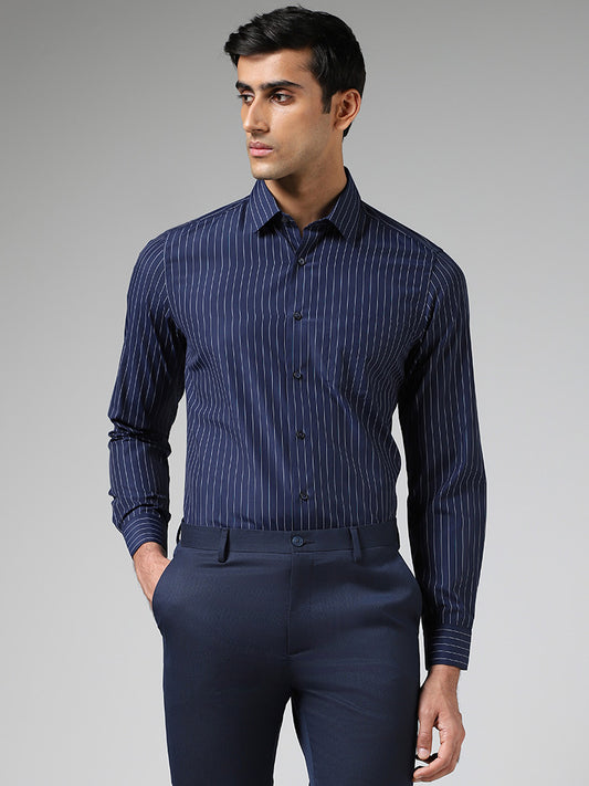 WES Formals Navy Pinstripe Slim Fit Shirt