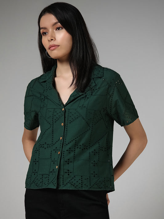LOV Forest Green Schiffli Cotton Shirt