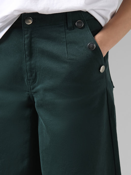 LOV Solid Forest Green Button Accent Wide-Leg Denim Jeans