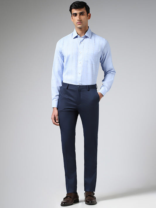 WES Formals Light Blue Checked Slim Fit Shirt
