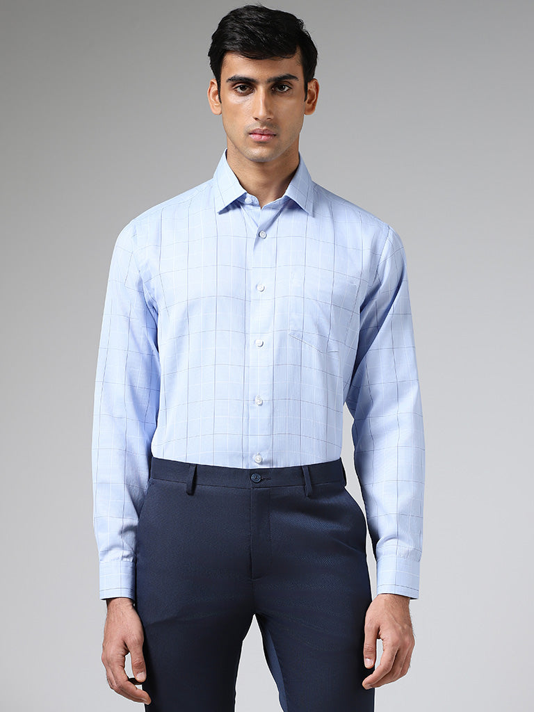 WES Formals Light Blue Checked Slim Fit Shirt