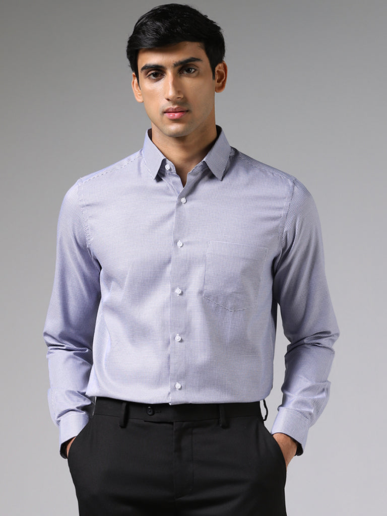 WES Formals Light Blue Pin Checked Slim Fit Shirt