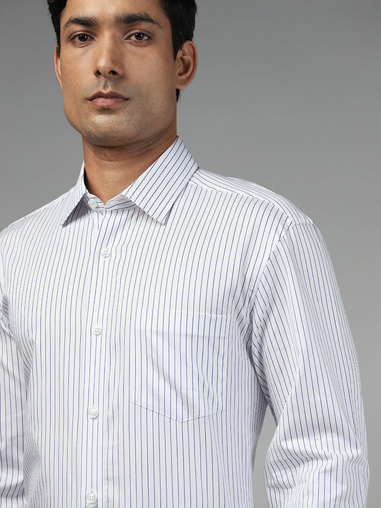 WES Formals Striped White Cotton Relaxed-Fit Shirt