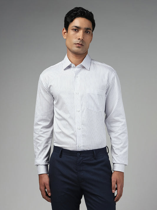 WES Formals Striped White Cotton Relaxed-Fit Shirt