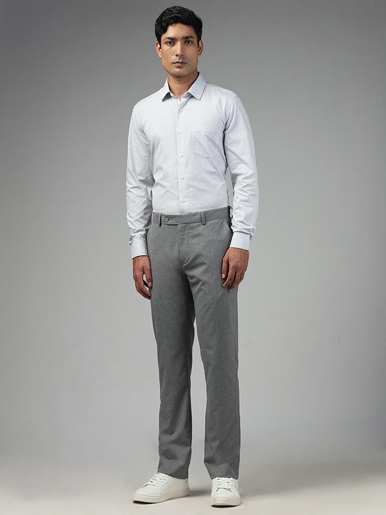 WES Formals Checked Grey Cotton Slim Fit Shirt