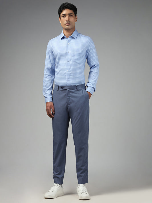 WES Formals Checked Blue Slim Fit Shirt