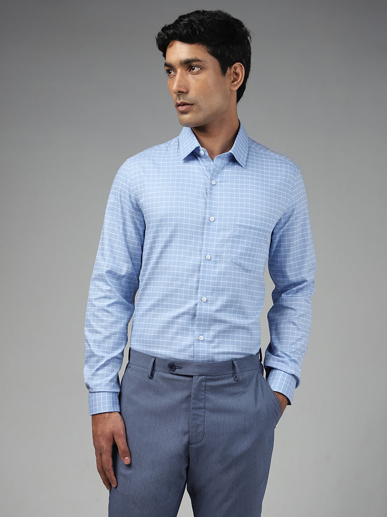WES Formals Checked Blue Cotton Slim Fit Shirt