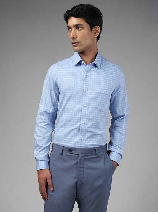 WES Formals Checked Blue Cotton Slim-Fit Shirt
