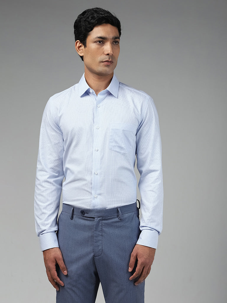 WES Formals Checked Light Blue Slim Fit Shirt