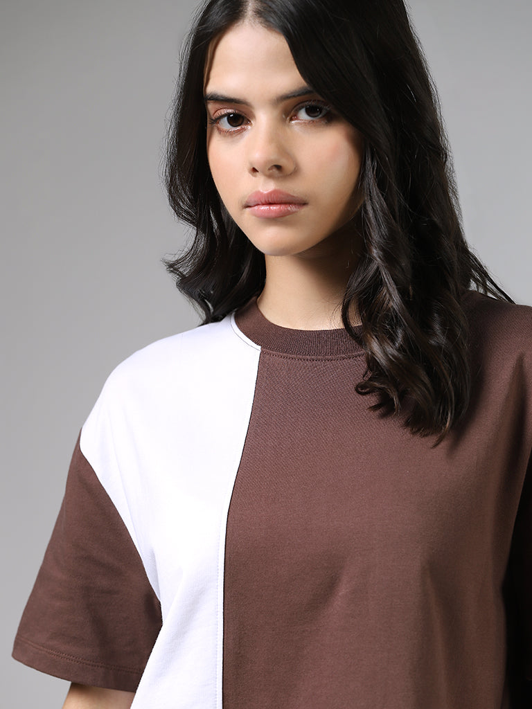 Studiofit Block Printed Brown and Off White Cotton T-Shirt