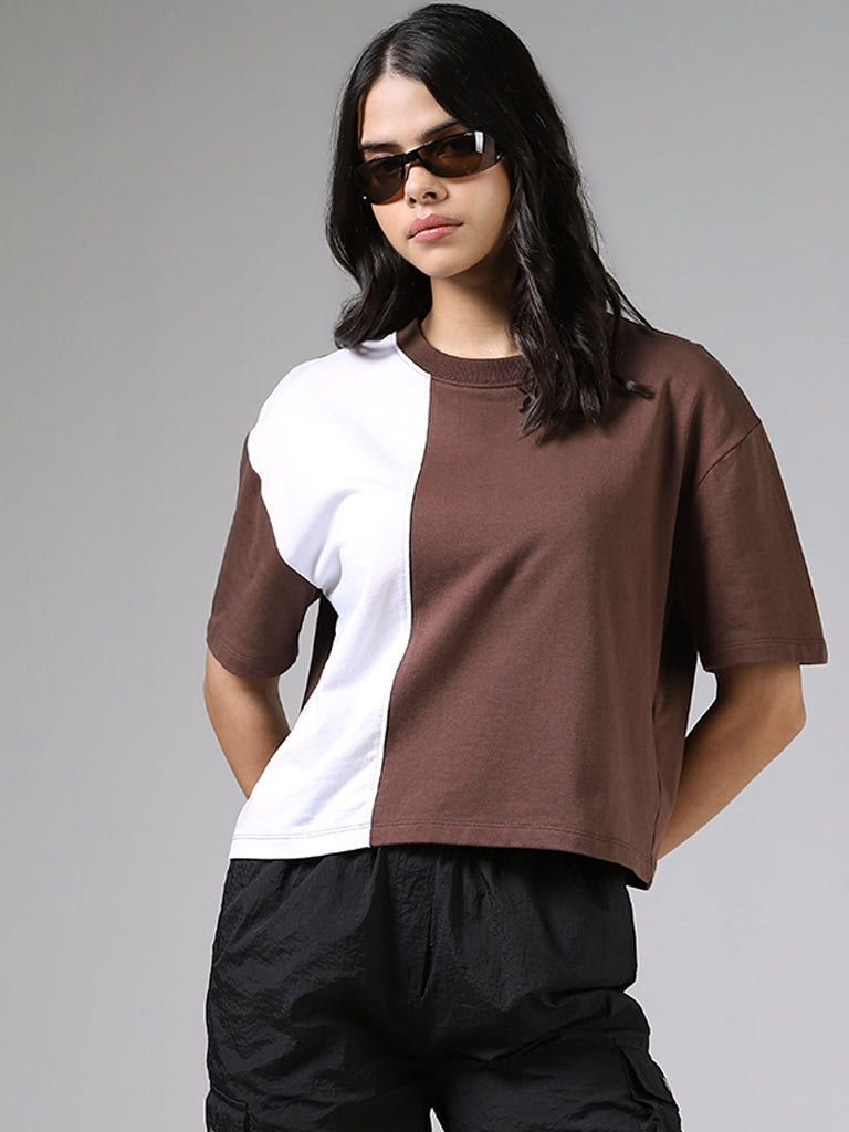 Studiofit Block Printed Brown and Off White Cotton T-Shirt