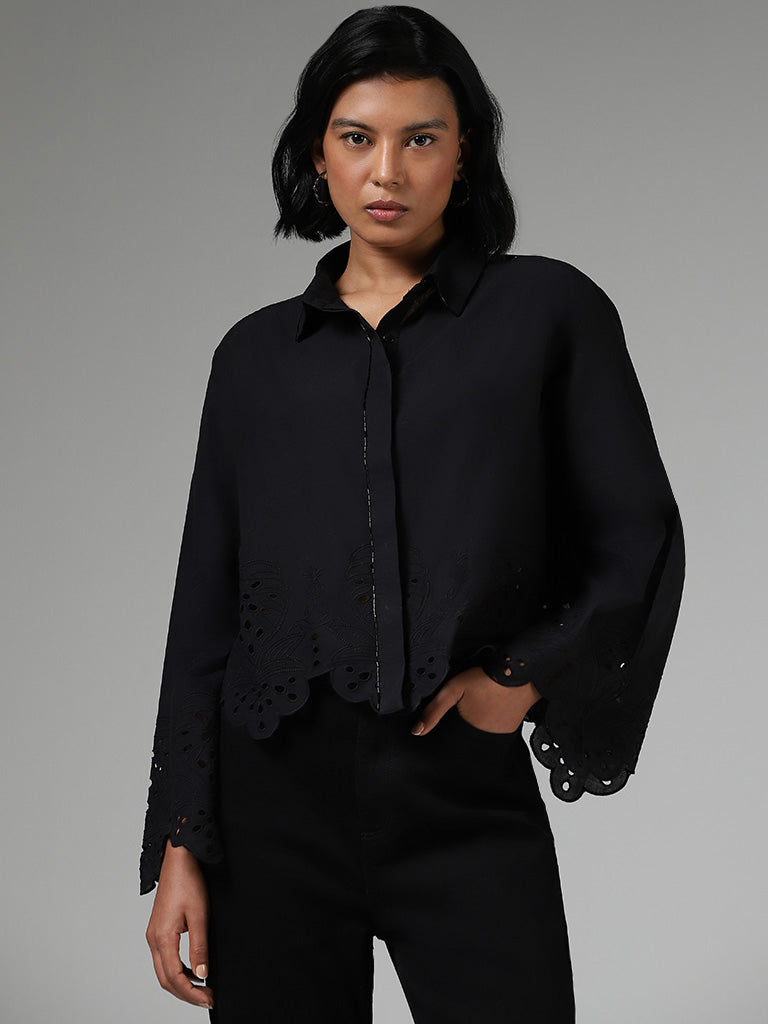 LOV Cut-Work Embroidered Black Shirt