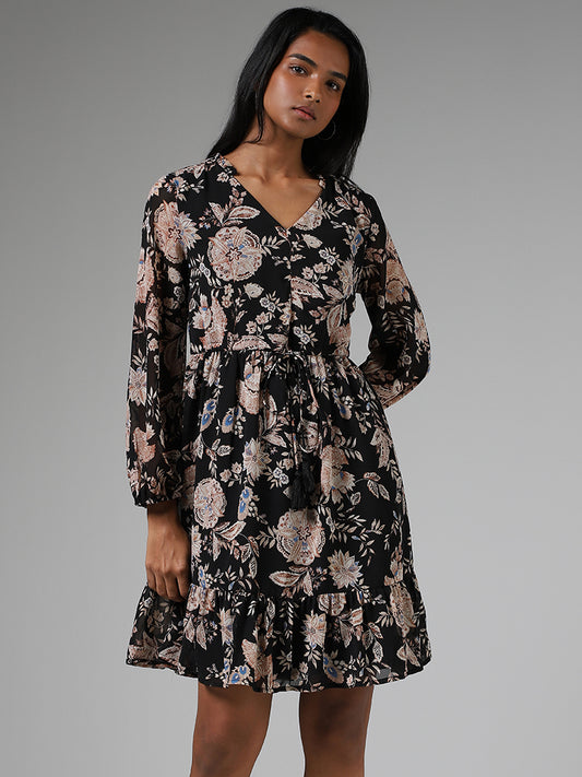 LOV Black Floral Printed Tiered Dress