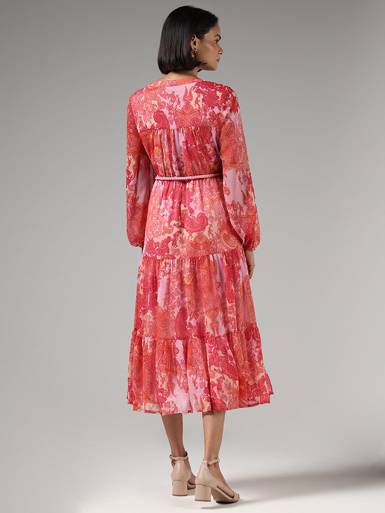 LOV Pink Paisley Printed Tiered Dress With Belt