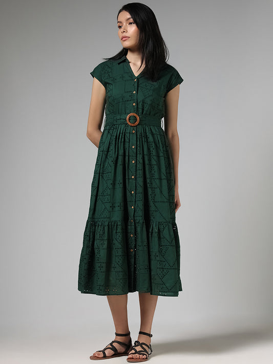 LOV Forest Green Schiffli Buttoned-Down Dress