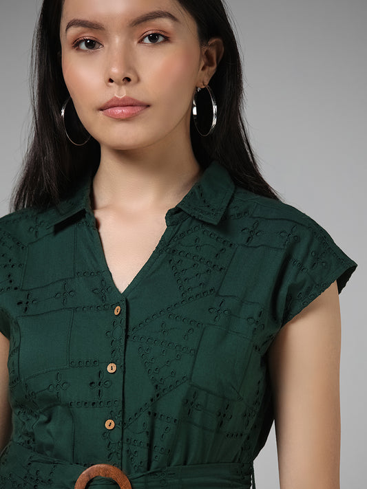 LOV Forest Green Schiffli Buttoned-Down Dress