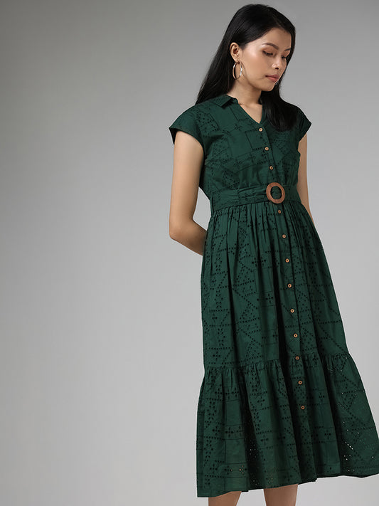 LOV Forest Green Schiffli Buttoned-Down Dress