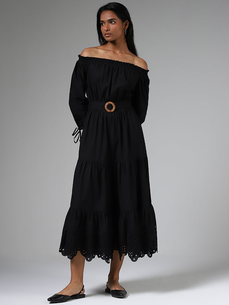 LOV Black Off Shoulder Tiered Dress with Belt