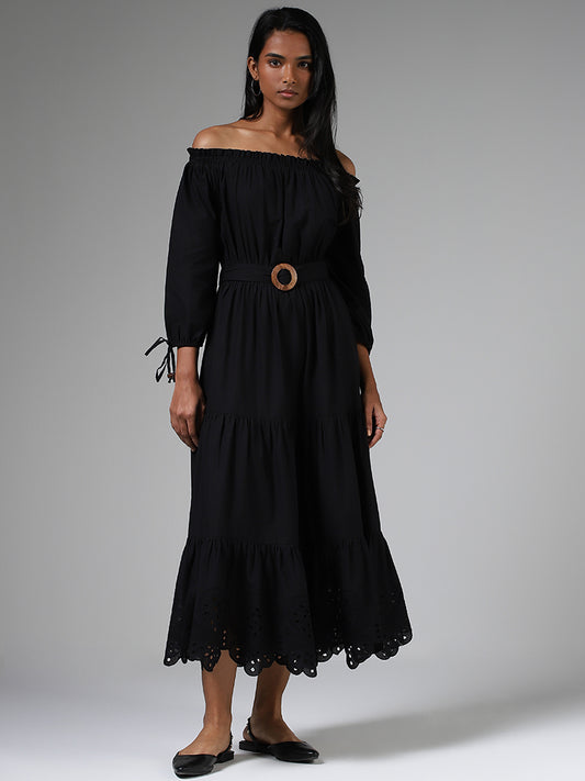 LOV Black Off Shoulder Tiered Dress with Belt