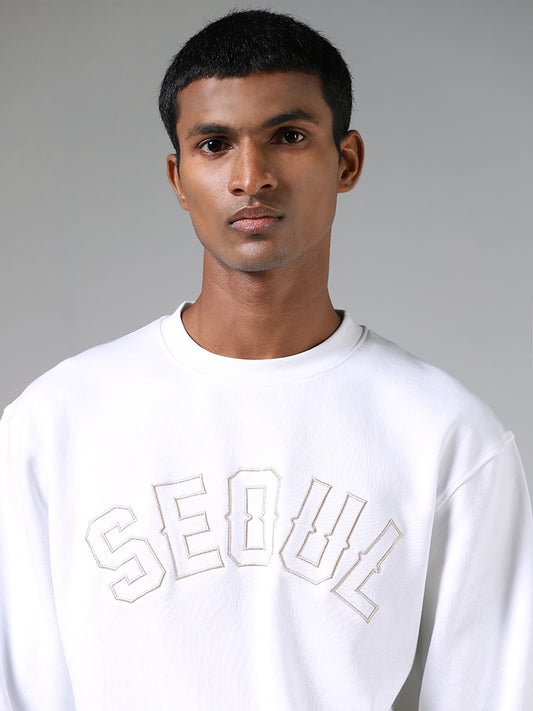 Nuon Seoul Printed White Cotton Relaxed-Fit Sweatshirt