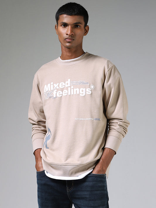 Nuon Typography Printed Beige Relaxed Fit Sweater