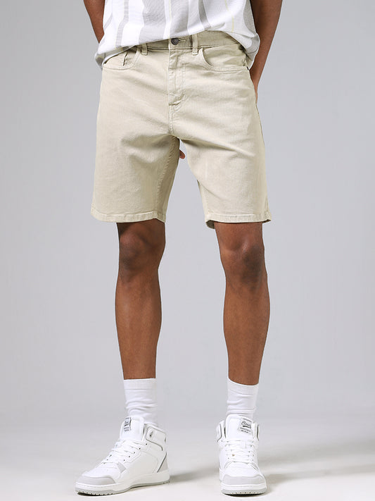Nuon Solid Beige Denim Slim-Fit Mid-Rise Shorts